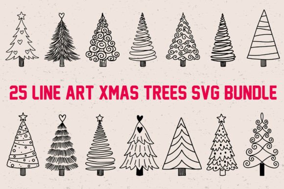 25 Line Art Christmas Trees SVG Bundle: Graphics & Illustrations