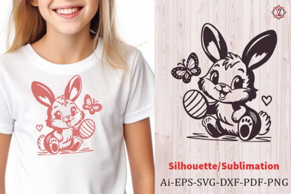 Bunny with Egg and Butterfly SVG Graphics & Illustrations