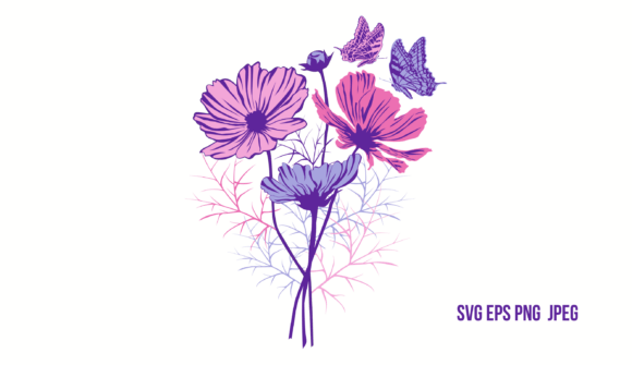 Cosmea Flower Bouquet with Butterflies Graphic Illustration Review