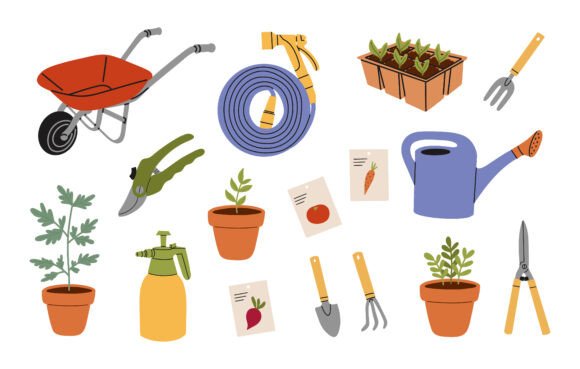Gardening Tools and Plants Clipart Set: Graphics & Illustrations