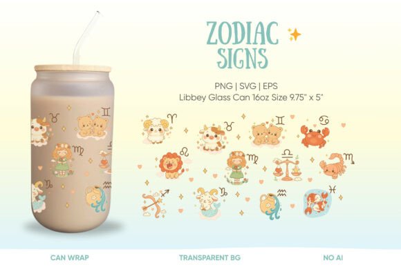 Kawaii Zodiac Signs Can Glass Wrap: Graphics & Illustrations