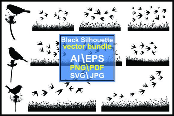 Silhouette Birds Flying over Grassy Graphics & Illustrations