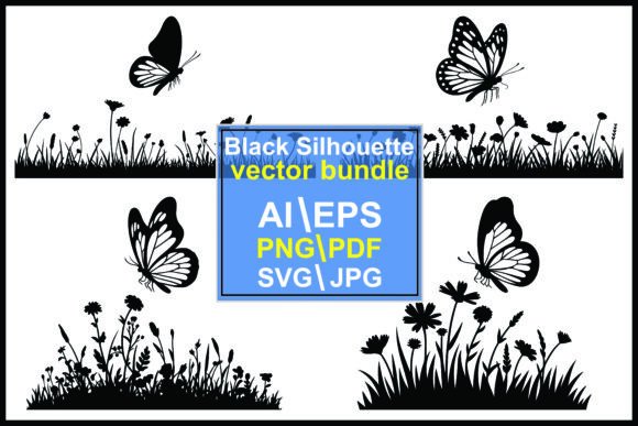Silhouette Butterflies Flying Wildflower Graphics & Illustrations