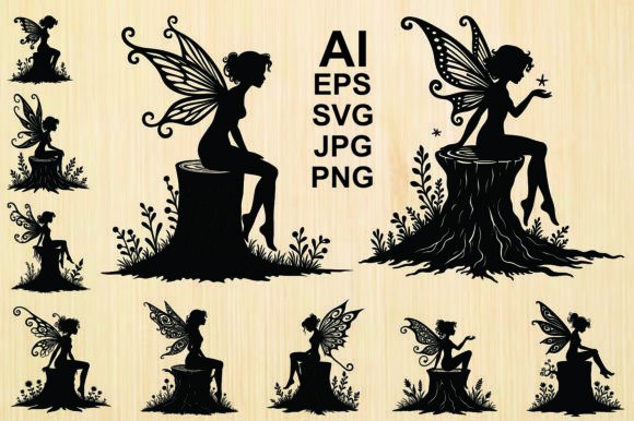 Silhouette Fairies Sitting Tree Stumps: Graphics & Illustrations