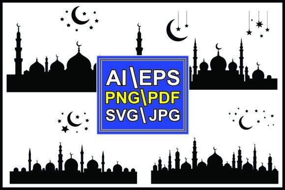 Silhouette of Mosque Skyline Moons Stars Graphics