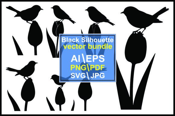 Silhouettes of Birds on Tulip Buds: Graphics & Illustrations